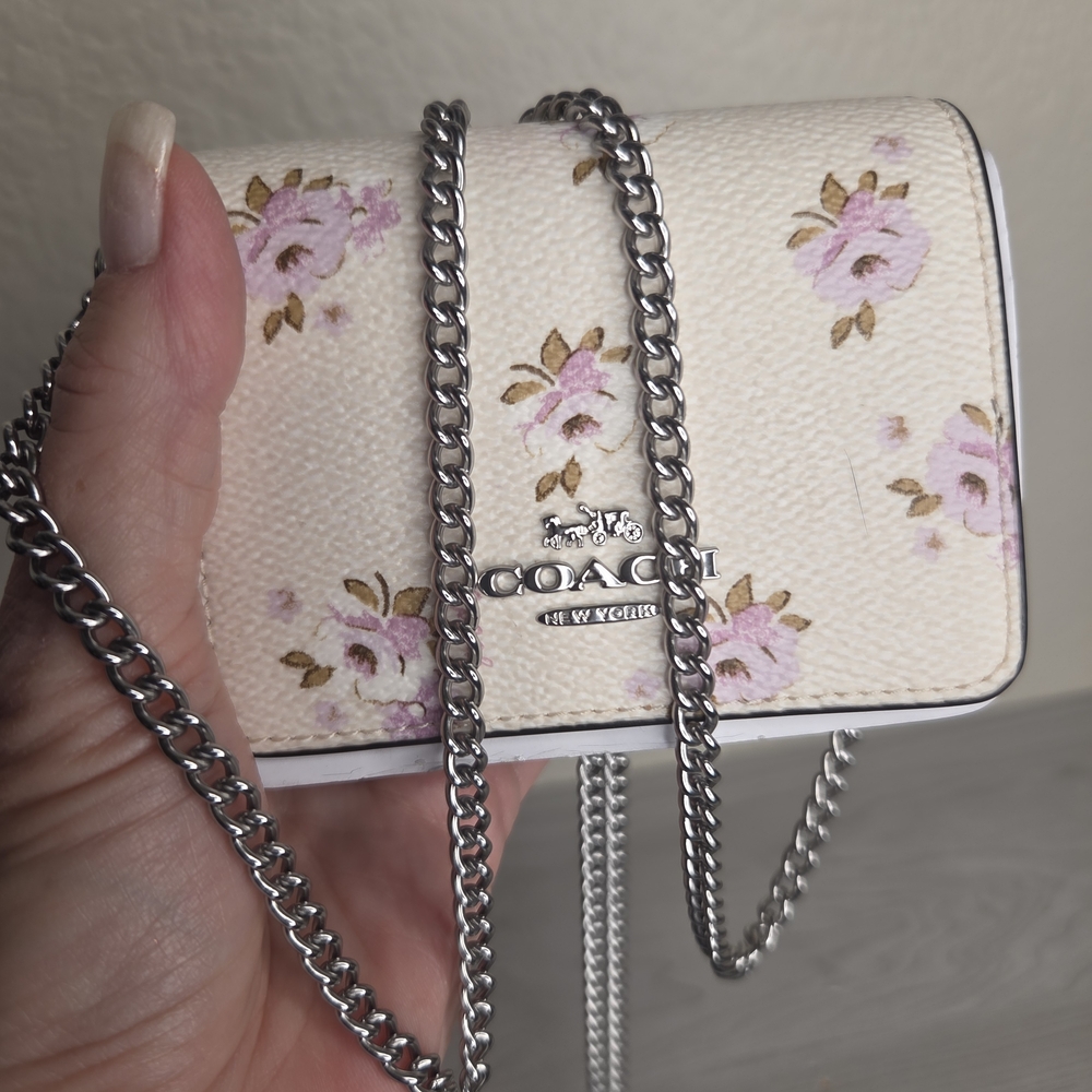 Coach Floral Cream Wallet on a Silver, Detachable,Crossbody Chain NWT - Picture 2 of 8
